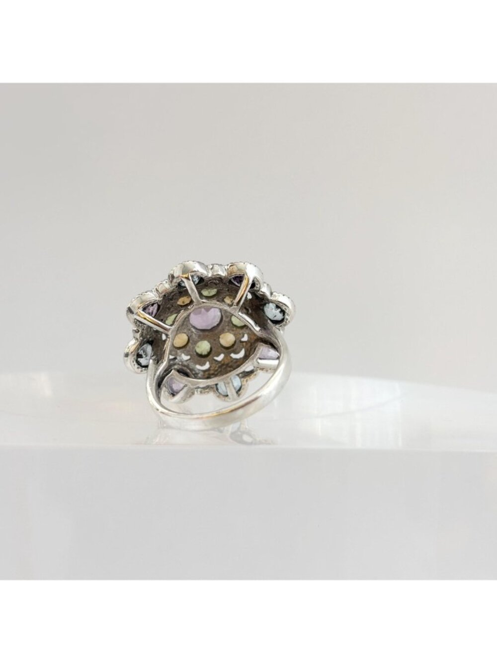 Cluster Rainbow Gemstone Blooming Flower Sterling Silver 925 Vintage Ring - sz 6 - Picture 4 of 16